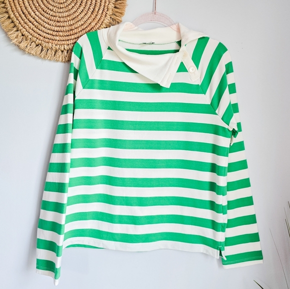 J. Crew Kelly Green Striped Wide Button Collar Rugby Sweatshirt SZ Medium Preppy - Picture 2 of 13